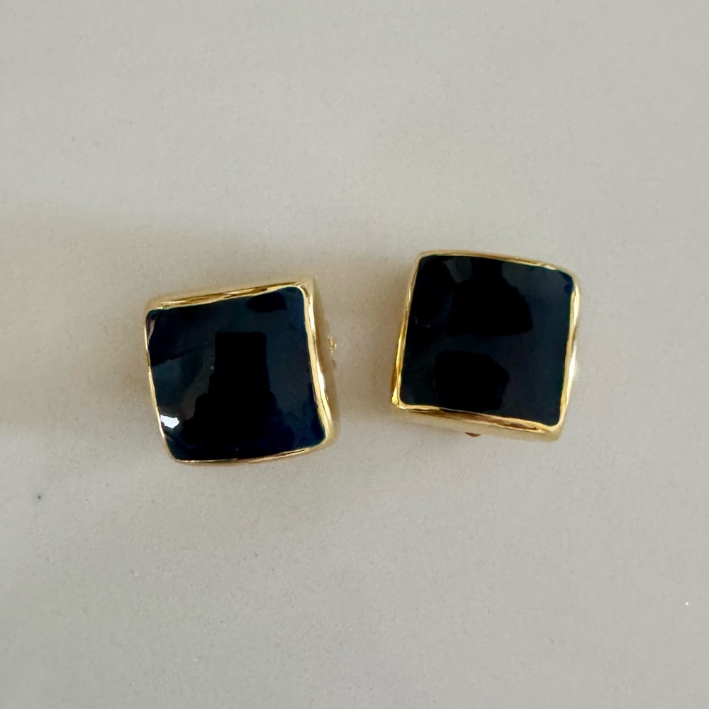 Vintage 80s C.M.Lent Gold & Navy Enamel Square Fashion Clip-On Earrings - Picture 4 of 16